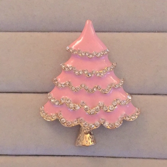 Jewelry - Pink + Gold Crystal Christmas Tree Brooch